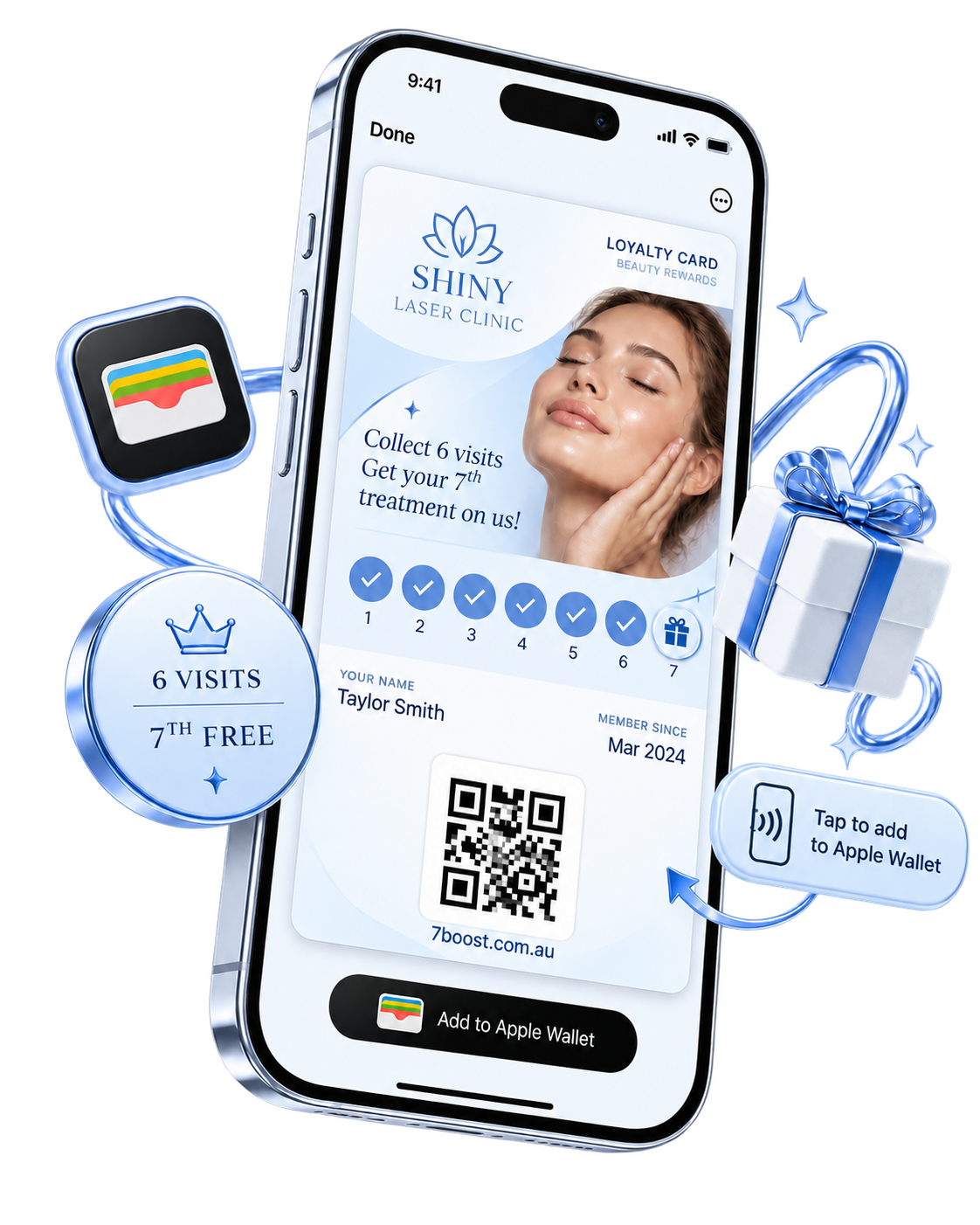 Shiny Laser Clinic digital loyalty card displayed in Apple Wallet