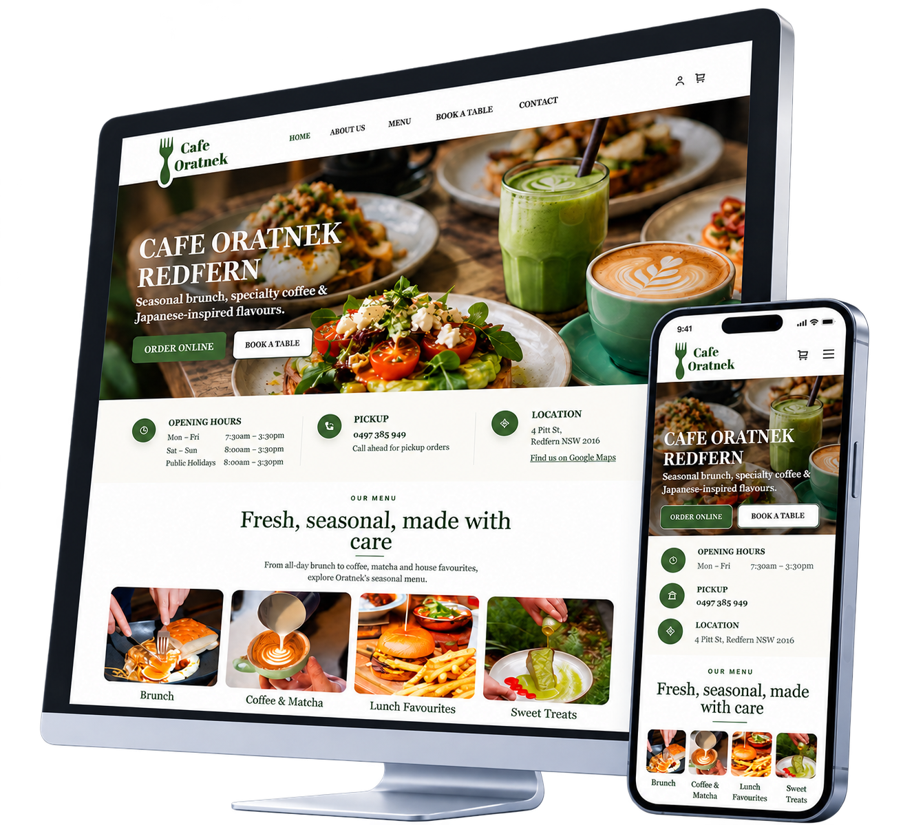 Cafe Oratnek responsive website design shown on desktop and mobile